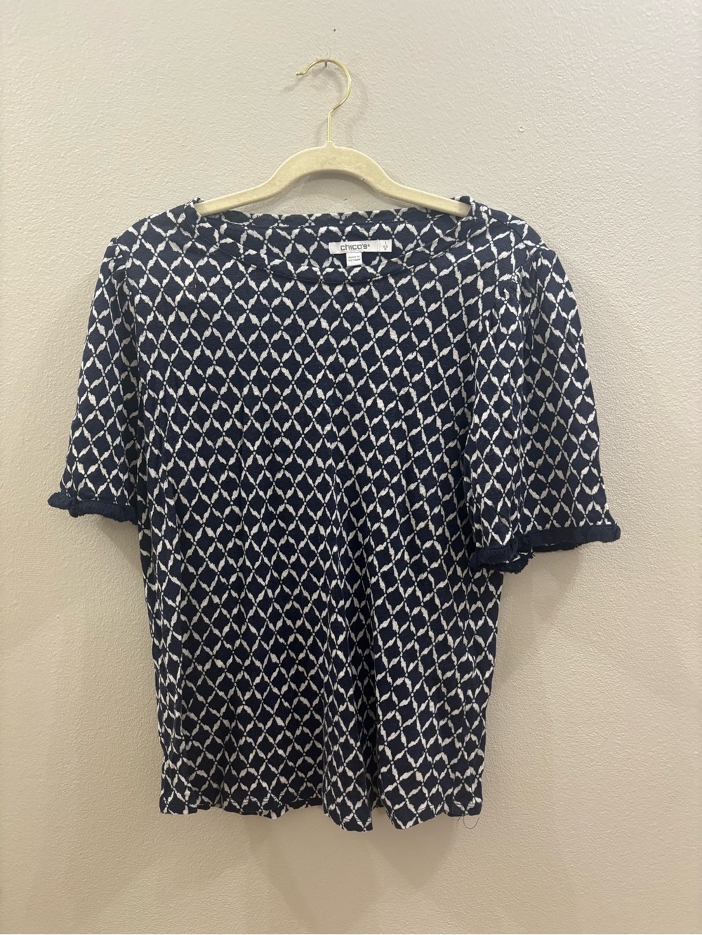 Chico's Navy & White Geometric Short Sleeve Knit Top linen medium